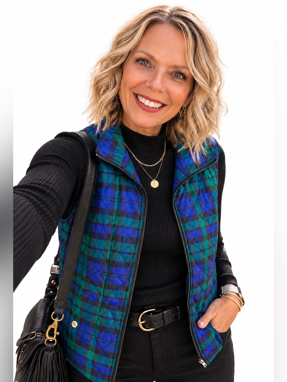 Alia Blackwatch Plaid Quilted Zip Vest Size 10 Green Blue Fall Classic